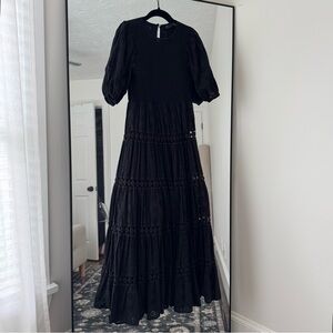 ASOS Design shirted mixed broderie tiered maxi dress with lace inserts in black